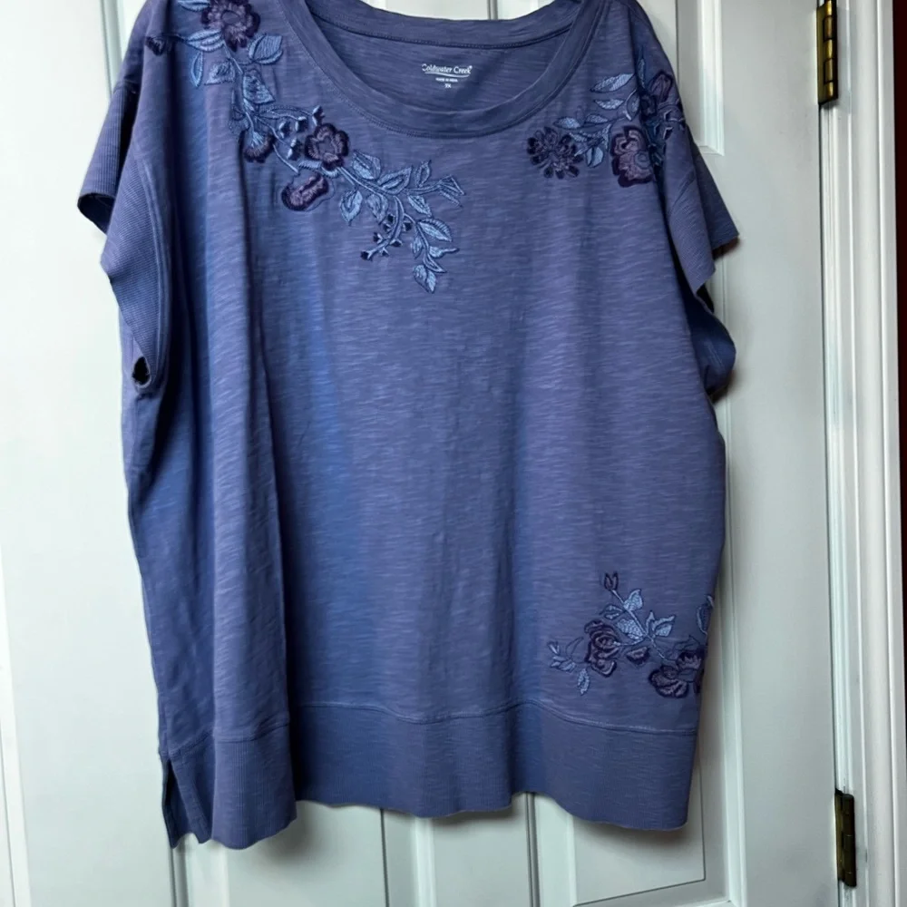Coldwater Creek Periwinkle Floral Embroidered Short Sleeve Tee - Picture 3 of 9